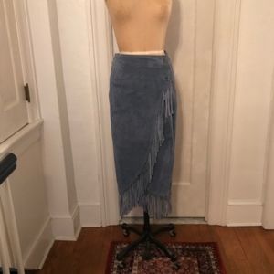 Blue suede wrap around midi skirt with fringe